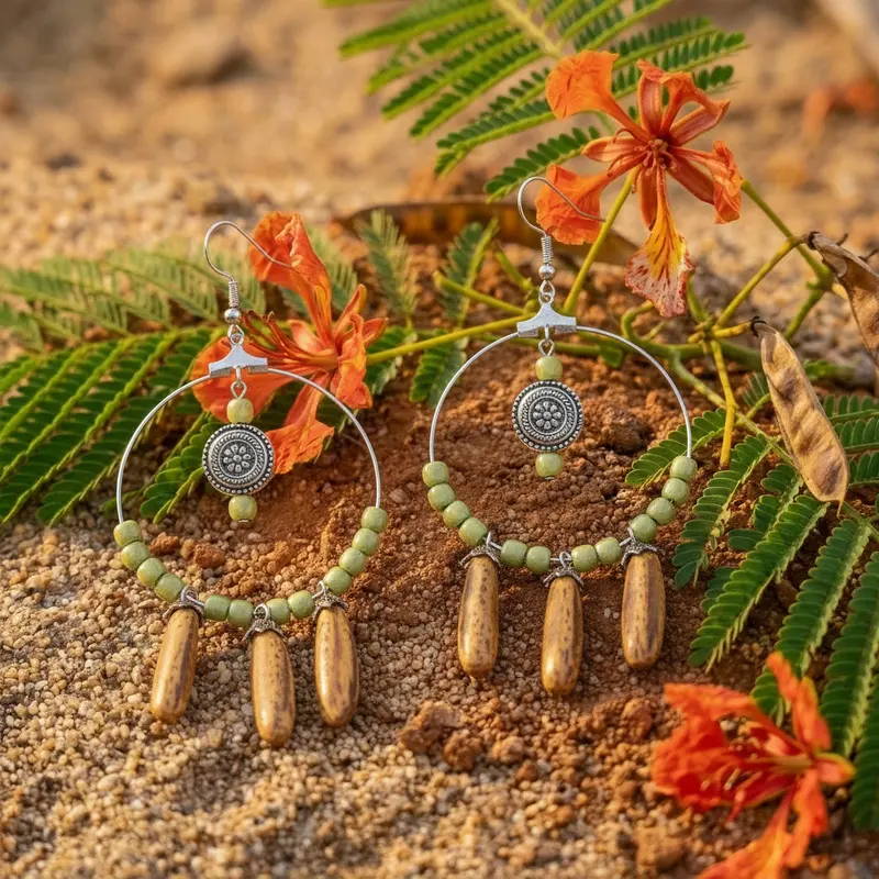 Boucles d'oreilles Flamboyante Verte — Graines tropicales, éclat naturel