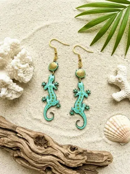 Boucles d'oreilles Lézard Monstera — Faune et flore tropicales, faites main
