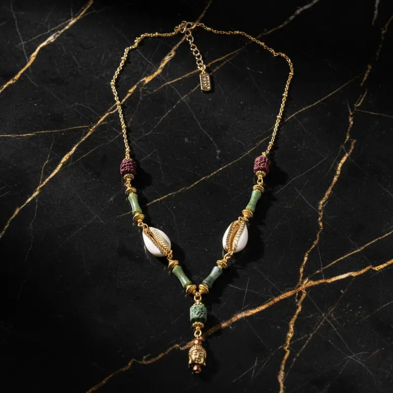 Collier Bouddha Jade — Héritage Malbar, matières marines et minérales